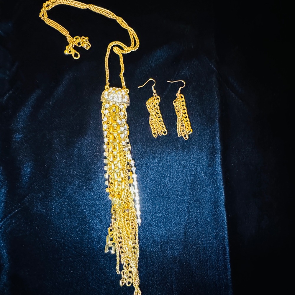 Gold Tone Rhinestone Waterfall Tassel Statement Necklace Set Earrings Fashion - Picture 1 of 9